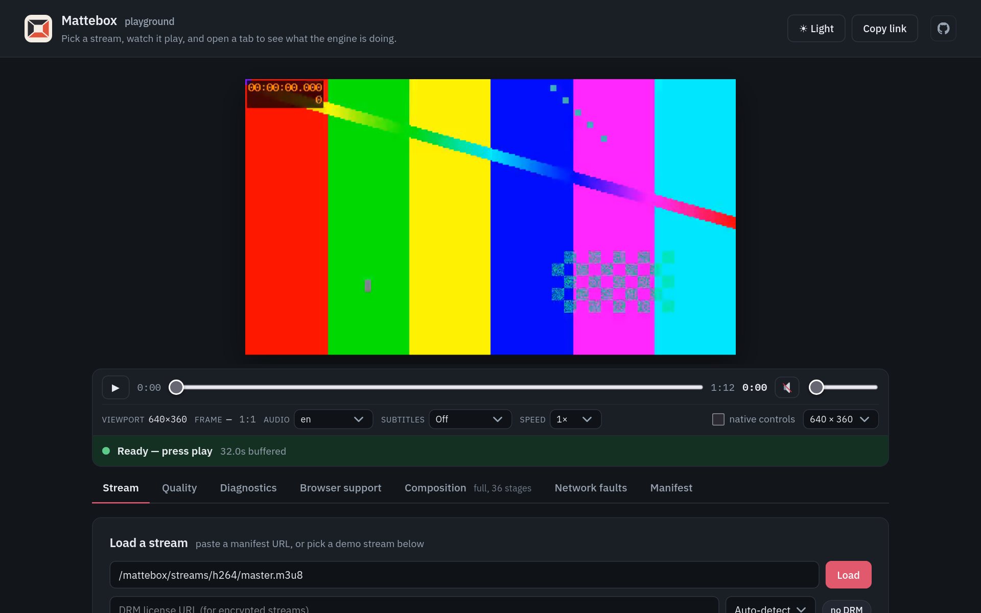 The engine playground: a video, its transport, and tabs for the stream, quality and diagnostics.